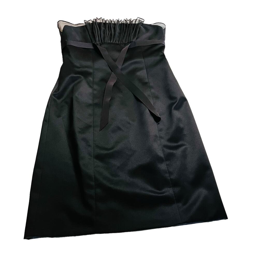 Monique Lhuillier Black Satin Strapless Ruffle Sheath Dress Size 8